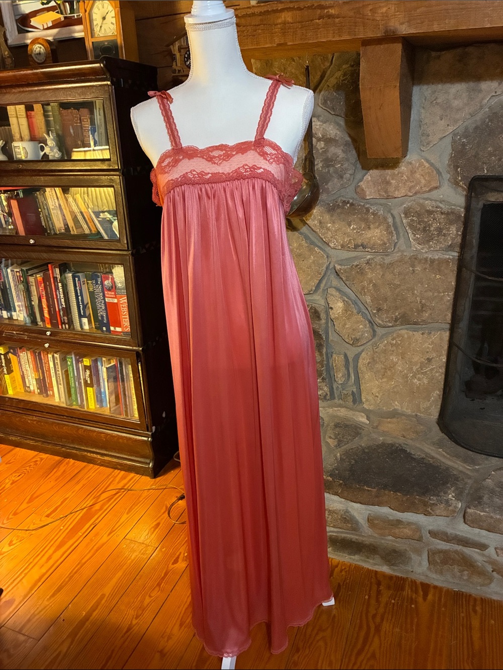 Miss Elaine Dark Peach Lace-Trim Long Nightgown 1970s